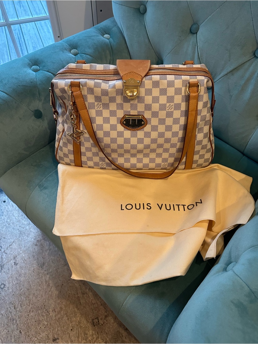 Louis Vuitton Damier Azur Canvas Shoulder Bag with Tan Leather Trim